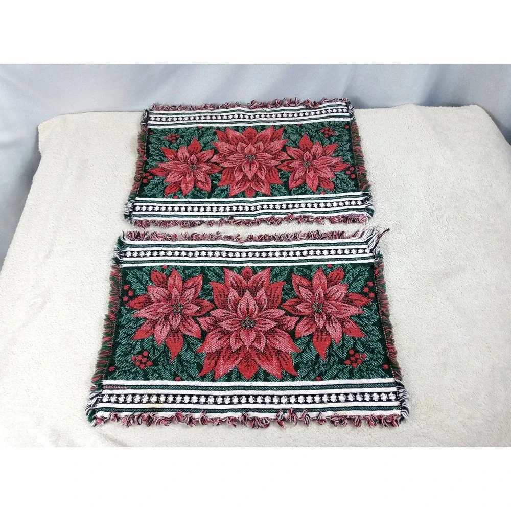 Set of 2 Christmas Poinsettia Woven‎ Tapestry Placemats Fringed Holiday Table